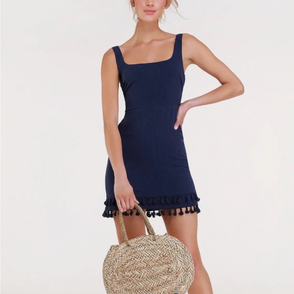 Lulu's Navy Mini Dress with Tassel Hem